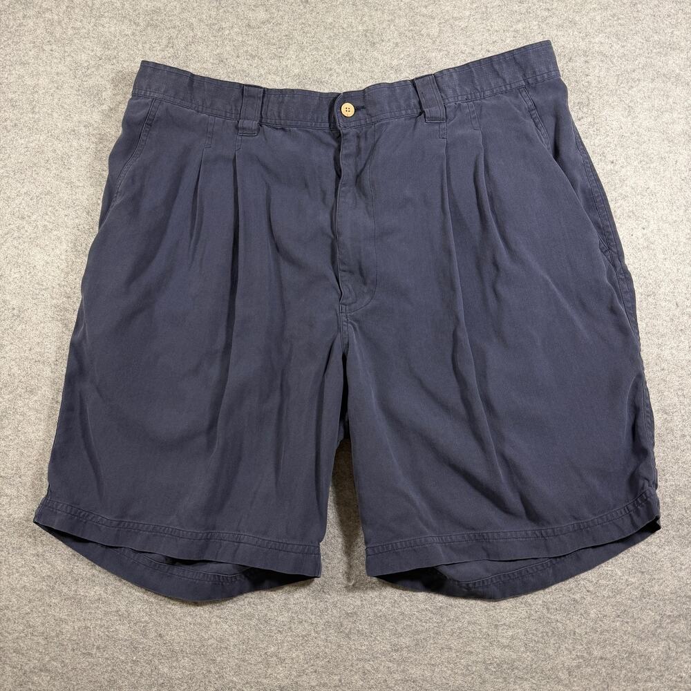 Vintage Tulliano Silk Shorts Mens 38 Navy Blue Pleated Front Relaxed Fit Preppy